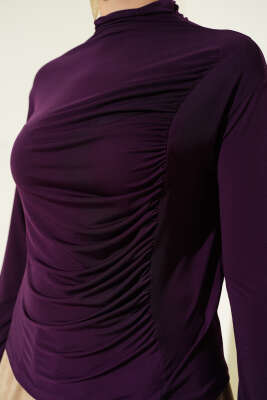 Yan Büzgülü Dik Yaka Sandy Bluz Mor - Yılın Fırsatı