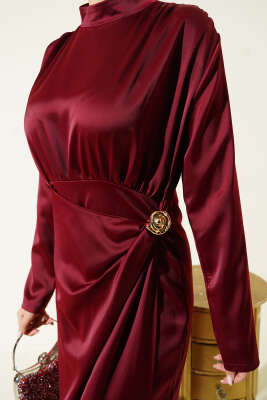Yan Büzgülü Gold Tokalı Saten Abiye Bordo - 700-100 TL Ürünler