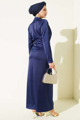 Yan Büzgülü Gold Tokalı Saten Abiye Lacivert - Elbise