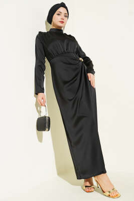 Yan Büzgülü Gold Tokalı Saten Abiye Siyah - DENİZ LIFE