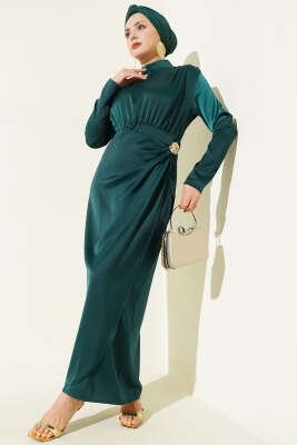 Yan Büzgülü Gold Tokalı Saten Abiye Zümrüt Yeşili - DENİZ LIFE