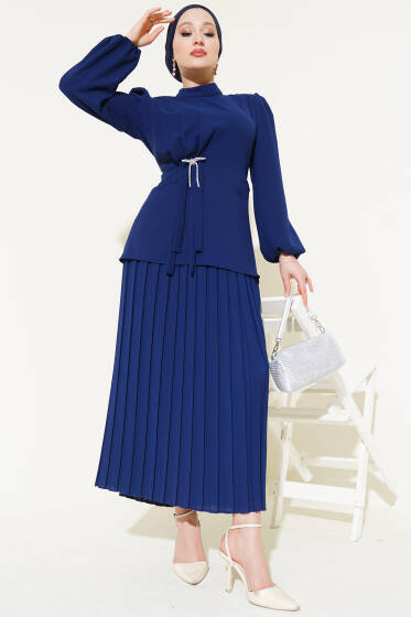 Yan Büzgülü Pileli Etekli İkili Takım Lacivert - İkili Takım