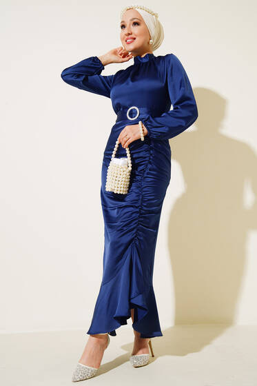 Yan Büzgülü Saten Balık Elbise Lacivert - Tesettür Elbise