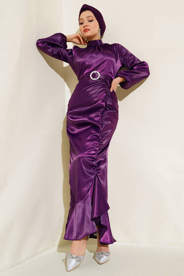 Yan Büzgülü Saten Balık Elbise Mor - Tesettür Elbise