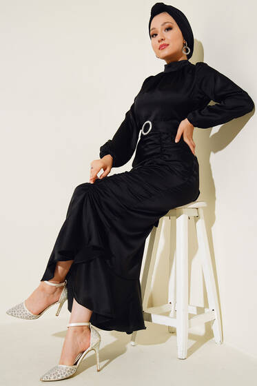Yan Büzgülü Saten Balık Elbise Siyah - Tesettür Elbise