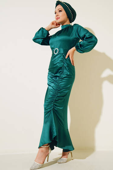 Yan Büzgülü Saten Balık Elbise Zümrüt - Tesettür Elbise