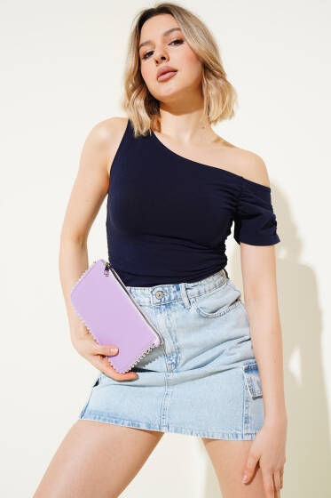 Yan Büzgülü Tek Kol Bluz Lacivert - Kadın Giyim Modelleri