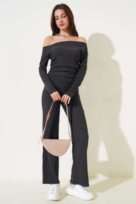 Yan Büzgülü Tek Omuz İkili Takım Füme - Kadın Giyim Modelleri