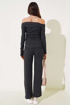 Yan Büzgülü Tek Omuz İkili Takım Füme - Kadın Giyim Modelleri