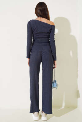 Yan Büzgülü Tek Omuz İkili Takım Lacivert - Kadın Giyim Modelleri