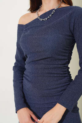 Yan Büzgülü Tek Omuz İkili Takım Lacivert - Kadın Giyim Modelleri