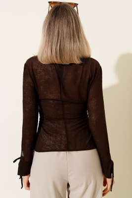 Yan Büzgülü Transparan Kısa Gömlek Kahve - Kadın Giyim Modelleri