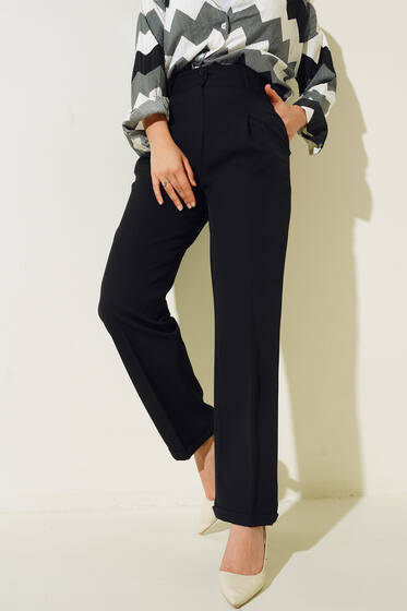 Yan Cep Pile Detaylı Duble Paça Pantolon Siyah - Pantolon