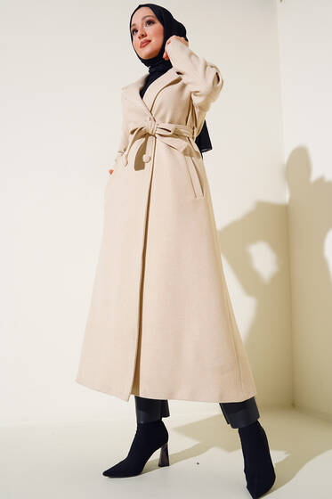 Yan Cepli Düğmeli Uzun Kaşe Kaban Bej - Kaban