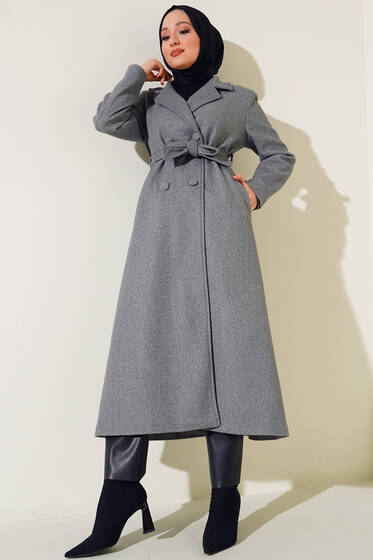 Yan Cepli Düğmeli Uzun Kaşe Kaban Füme - Kaban