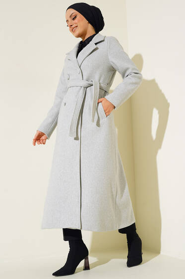 Yan Cepli Düğmeli Uzun Kaşe Kaban Gri - Kaban