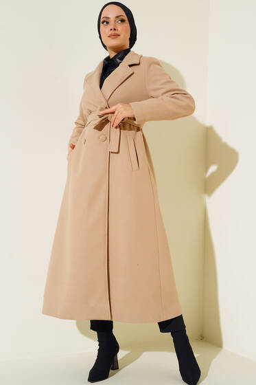Yan Cepli Düğmeli Uzun Kaşe Kaban Latte - Kaban