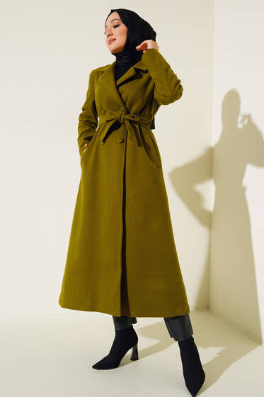 Yan Cepli Düğmeli Uzun Kaşe Kaban Yağ Yeşili - Kaban