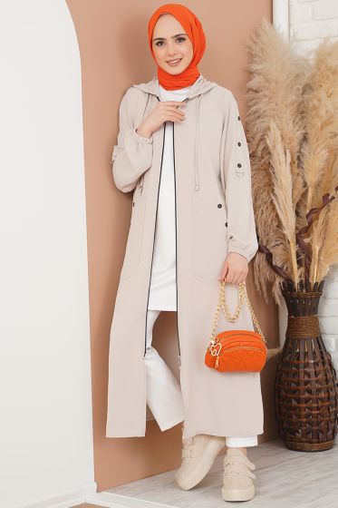 Yan Cepli Fermuarlı Bej Kap - Kap