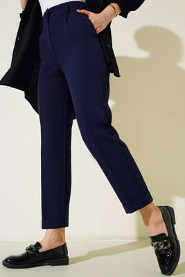 Yan Cepli Kemerli Duble Paça Pantolon Lacivert - MISRA