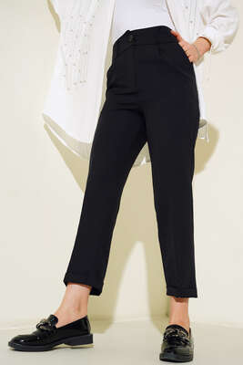 Yan Cepli Kemerli Duble Paça Pantolon Siyah - Kumaş Pantolon