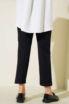 Yan Cepli Kemerli Duble Paça Pantolon Siyah - Kumaş Pantolon