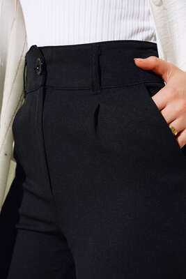 Yan Cepli Kemerli Duble Paça Pantolon Siyah - Kumaş Pantolon