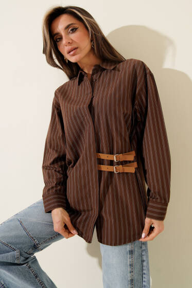 Yan Çift Kemer Detaylı Çizgili Gömlek Kahve - Kadın Giyim Modelleri