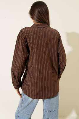 Yan Çift Kemer Detaylı Çizgili Gömlek Kahve - Kadın Giyim Modelleri