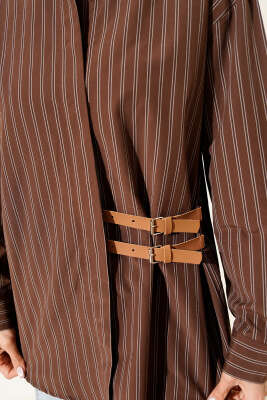 Yan Çift Kemer Detaylı Çizgili Gömlek Kahve - Kadın Giyim Modelleri