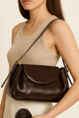 Yan Çıtçıtlı Rugan Çanta Acı Kahve 