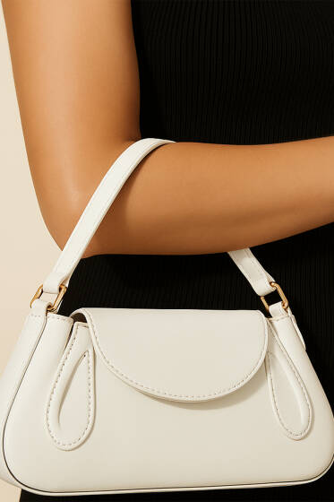 Yan Çıtçıtlı Rugan Çanta Beyaz - Kol Çantası