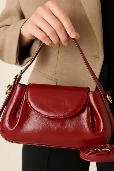 Yan Çıtçıtlı Rugan Çanta Bordo - Kol Çantası