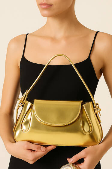 Yan Çıtçıtlı Rugan Çanta Gold - Kol Çantası