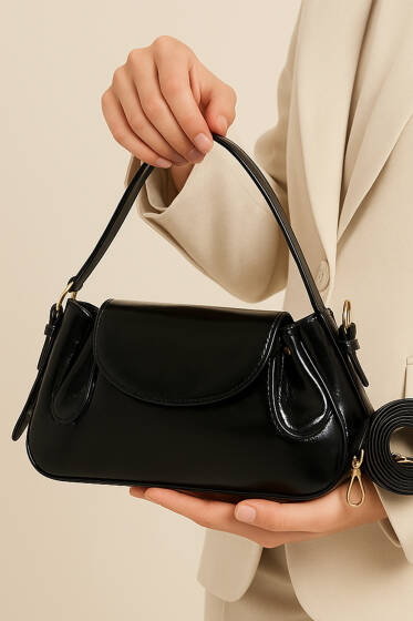 Yan Çıtçıtlı Rugan Çanta Siyah - Kol Çantası