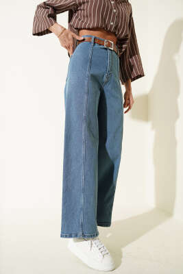 Yan Dikişsiz Kemerli Bol Paça Pantolon Kot Mavisi - BLUE HİLL(ZER)