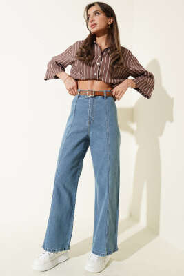 Yan Dikişsiz Kemerli Bol Paça Pantolon Kot Mavisi - Kadın Giyim Modelleri