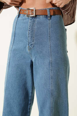 Yan Dikişsiz Kemerli Bol Paça Pantolon Kot Mavisi - Kadın Giyim Modelleri