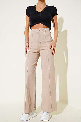 Yan Dikişsiz Salaş Pantolon Bej - BLUE HİLL(ZER)