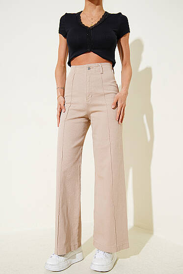 Yan Dikişsiz Salaş Pantolon Bej - Kadın Giyim Modelleri