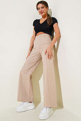 Yan Dikişsiz Salaş Pantolon Bej - Kadın Giyim Modelleri