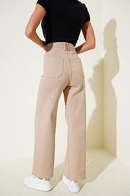 Yan Dikişsiz Salaş Pantolon Bej - Kadın Giyim Modelleri