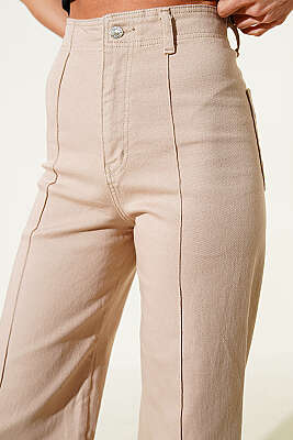 Yan Dikişsiz Salaş Pantolon Bej - Kadın Giyim Modelleri