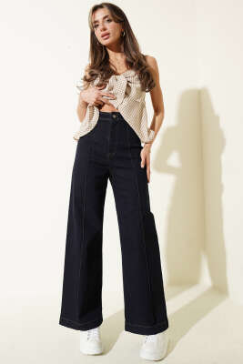 Yan Dikişsiz Salaş Pantolon Lacivert - Kadın Giyim Modelleri