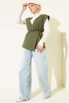 Yan Düğmeli İp Bağcıklı Yelek Haki - Yelek