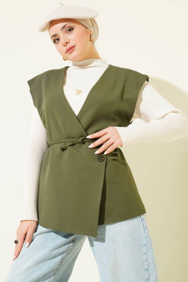 Yan Düğmeli İp Bağcıklı Yelek Haki - Yelek