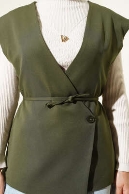 Yan Düğmeli İp Bağcıklı Yelek Haki - Yelek