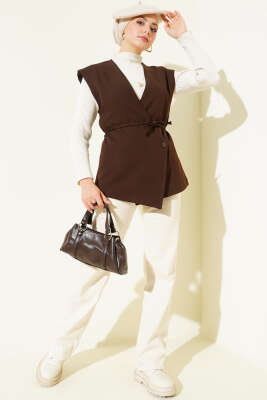 Yan Düğmeli İp Bağcıklı Yelek Kahve - Yelek