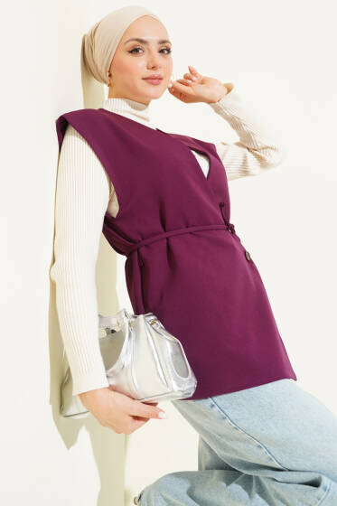 Yan Düğmeli İp Bağcıklı Yelek Mor - Yelek