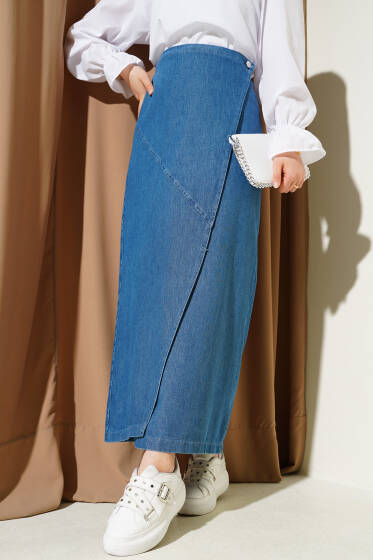 Yan Düğmeli Kapaklı Kot Etek Kot - Etek